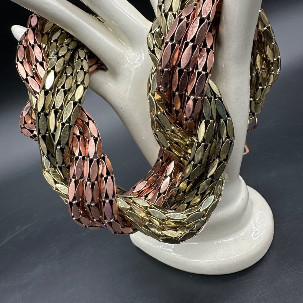 Vintage Braided Chain Necklace Copper Gold Tone Metal Multple Strands 1980s Glam
